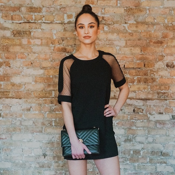 NWT Sheer Sleeve Black Mini T-Shirt Dress - Picture 7 of 8